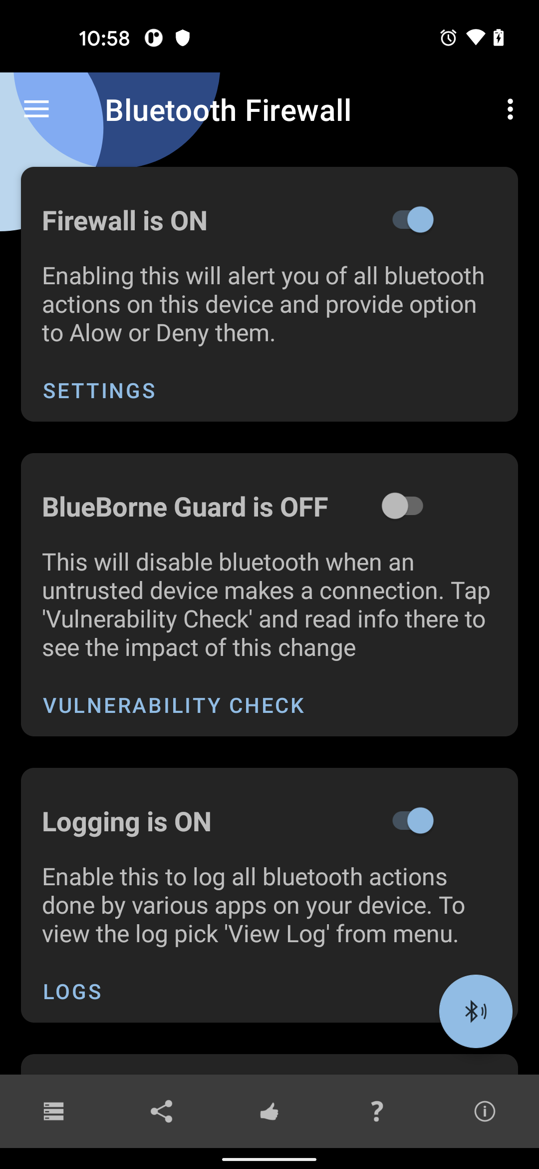 Bluetooth firewall main screen