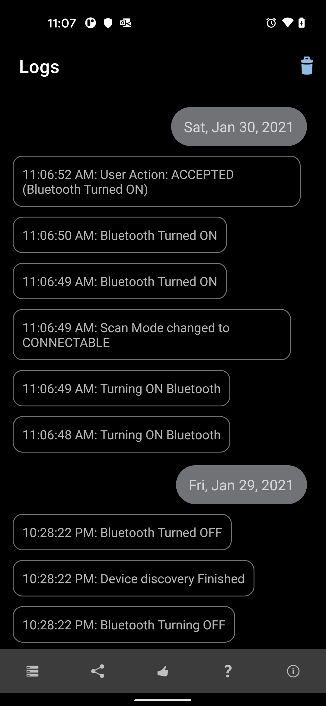 Bluetooth Firewall showing a log of all bluetooth activities on your device