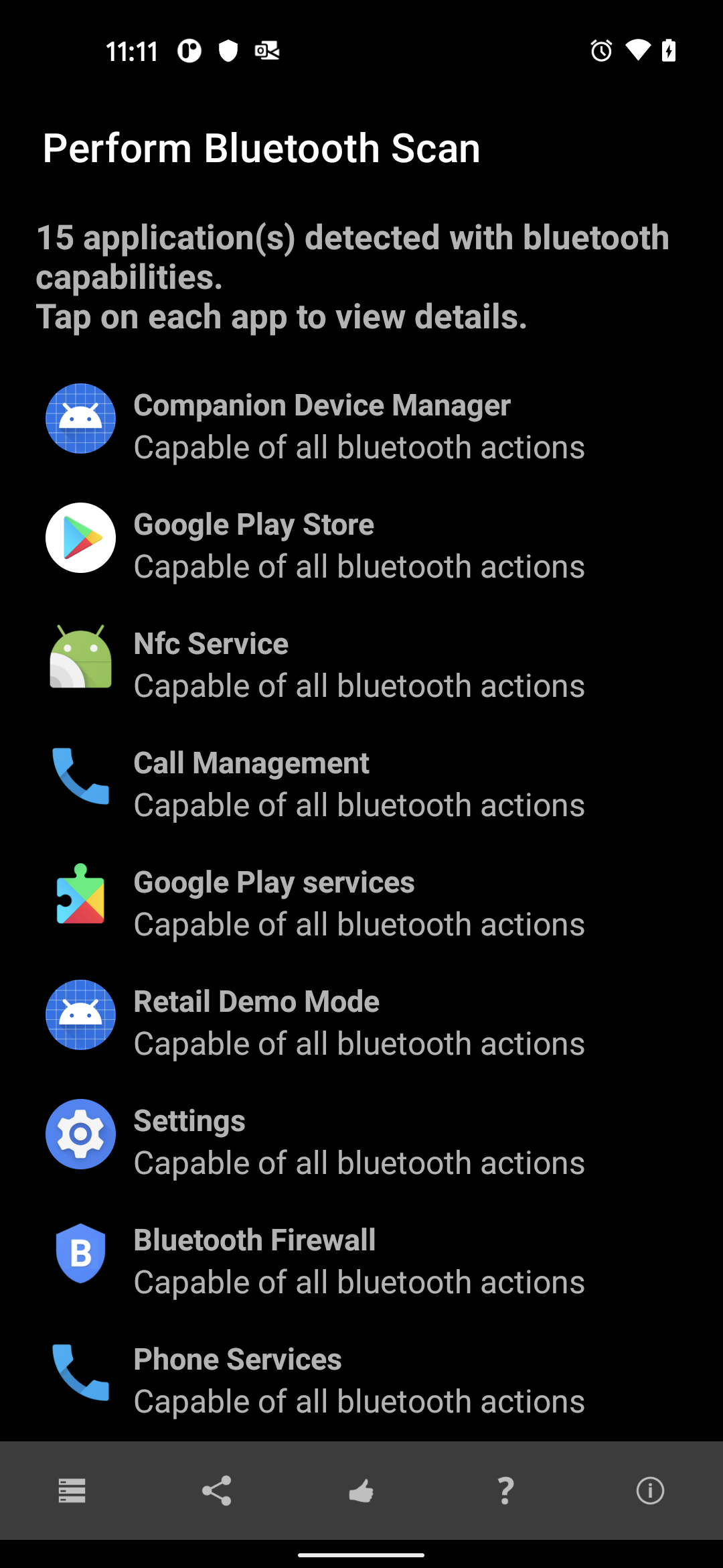 Bluetooth firewall scan result showing all apps with bluetooth permissions