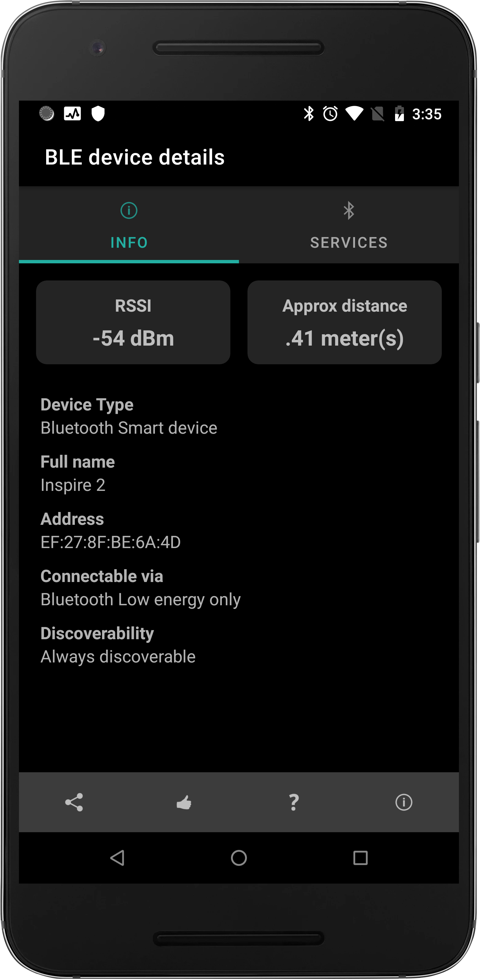 Bluetooth Radar showing BLE device details and GATT services running on it