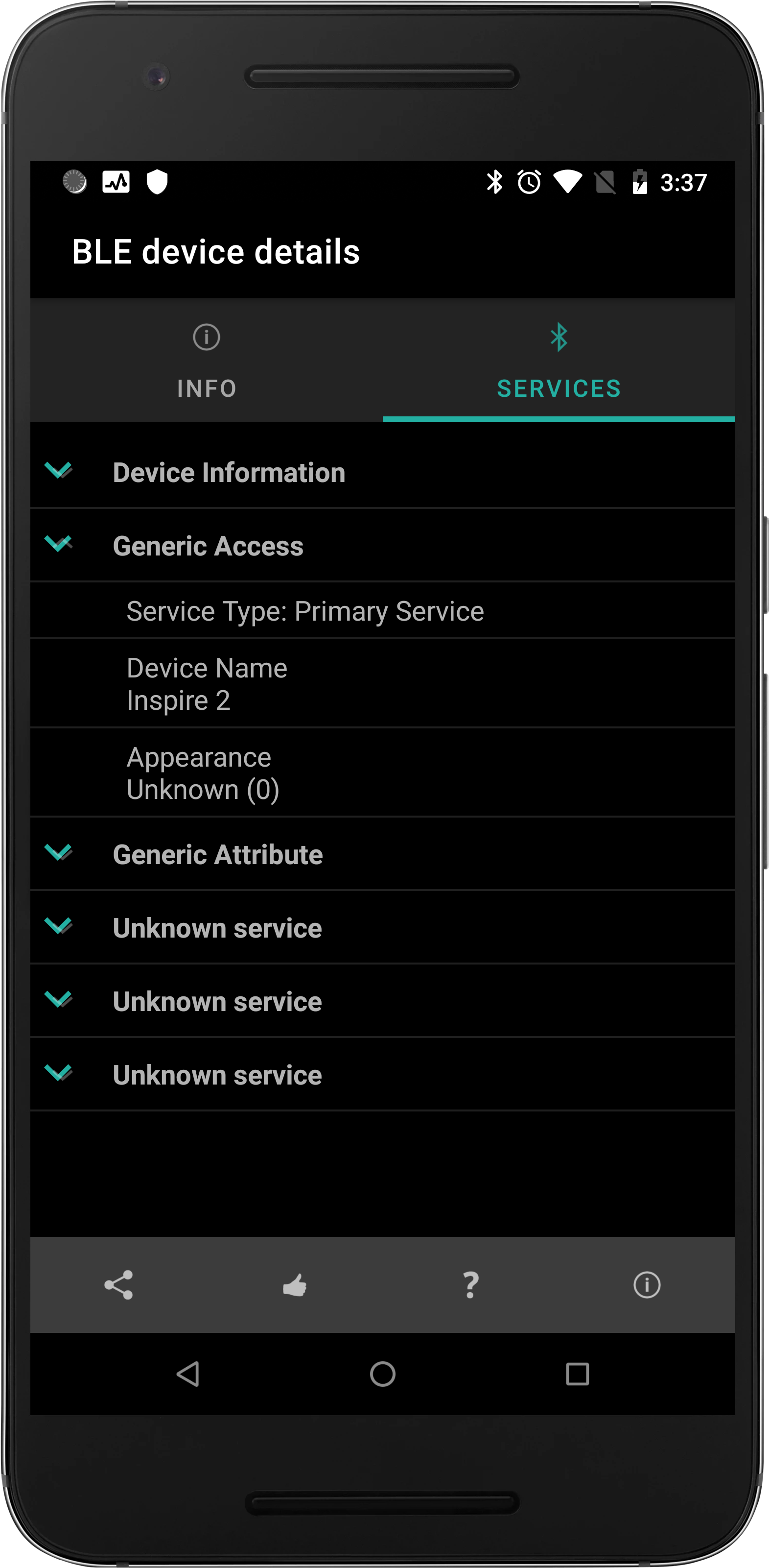 Bluetooth Radar showing all GATT services running on a nearby BLE device