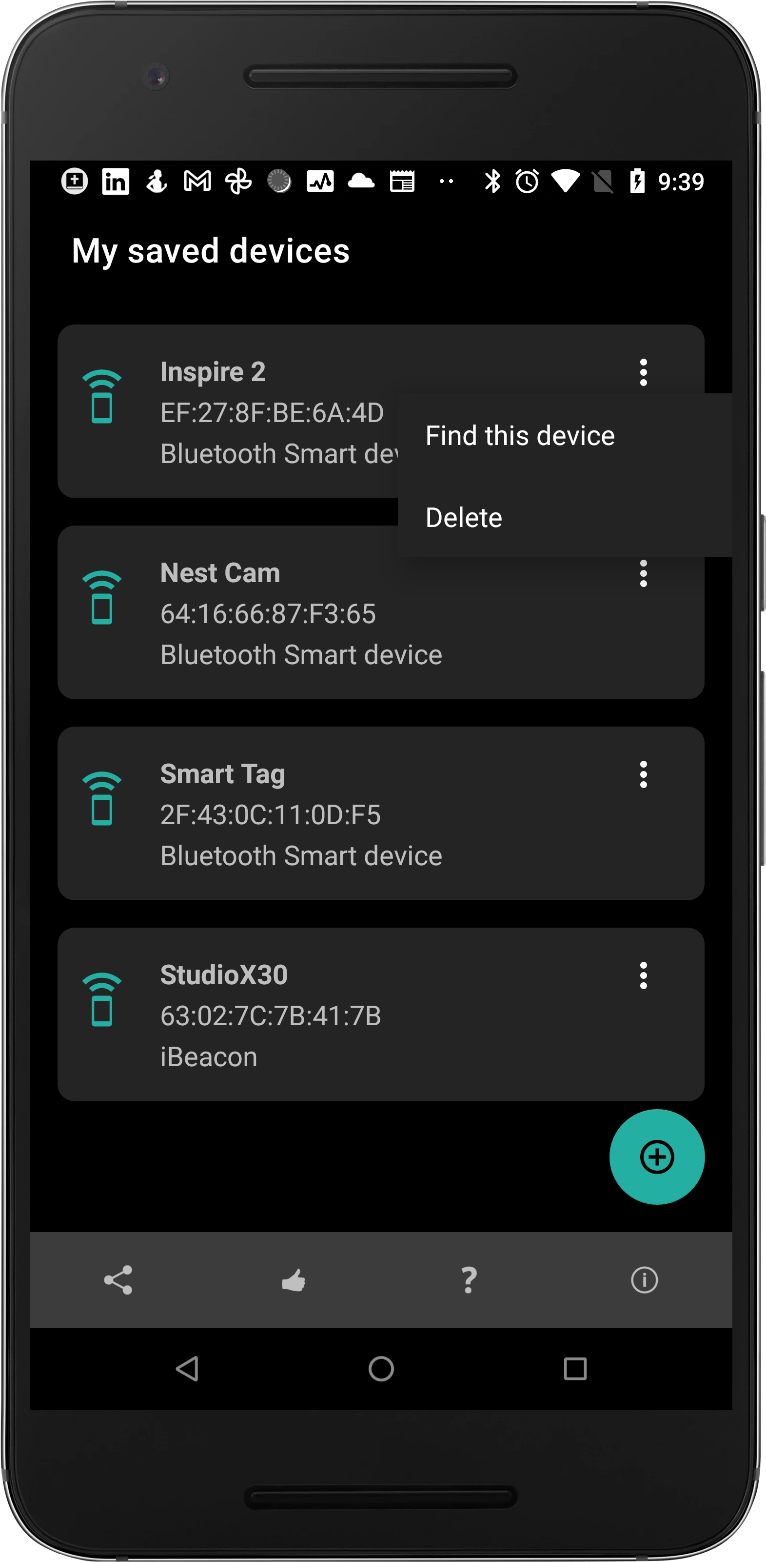 A list of all devices saved in Bluetooth Radar